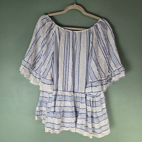 Cato Womens Peasant Top Linen Blue Stripe Ruffle Bell Coastal Nautical 22/24W - Picture 2 of 6